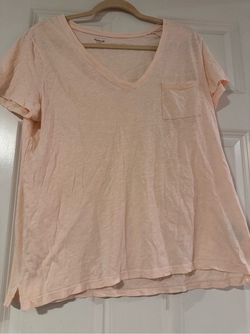 Madewell Womans T-shirt S Light Pink Cotton Solid Short Sleeve V-Neck Pocket